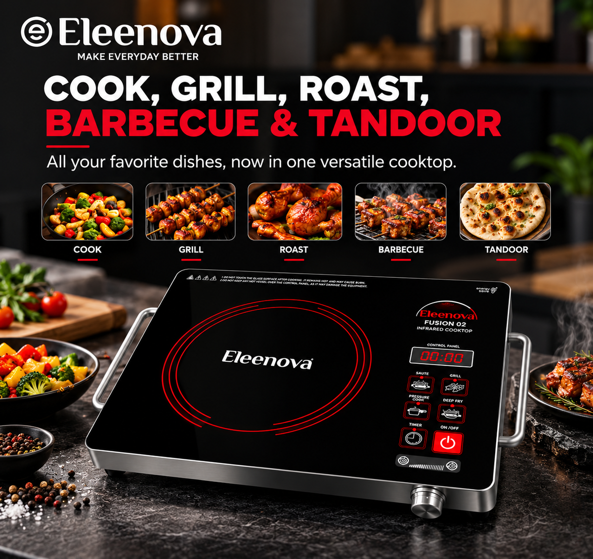 Eleenova Fusion 02 Infrared Cooktop 2200W | Premium Crystal Glass Top | Touch Control | Fast & Even Heating | Compatible with Flat-Bottom Cookware | Stainless Steel Grill Rack | Grill, Barbecue, Roast & Tandoor | 1 Year Warranty