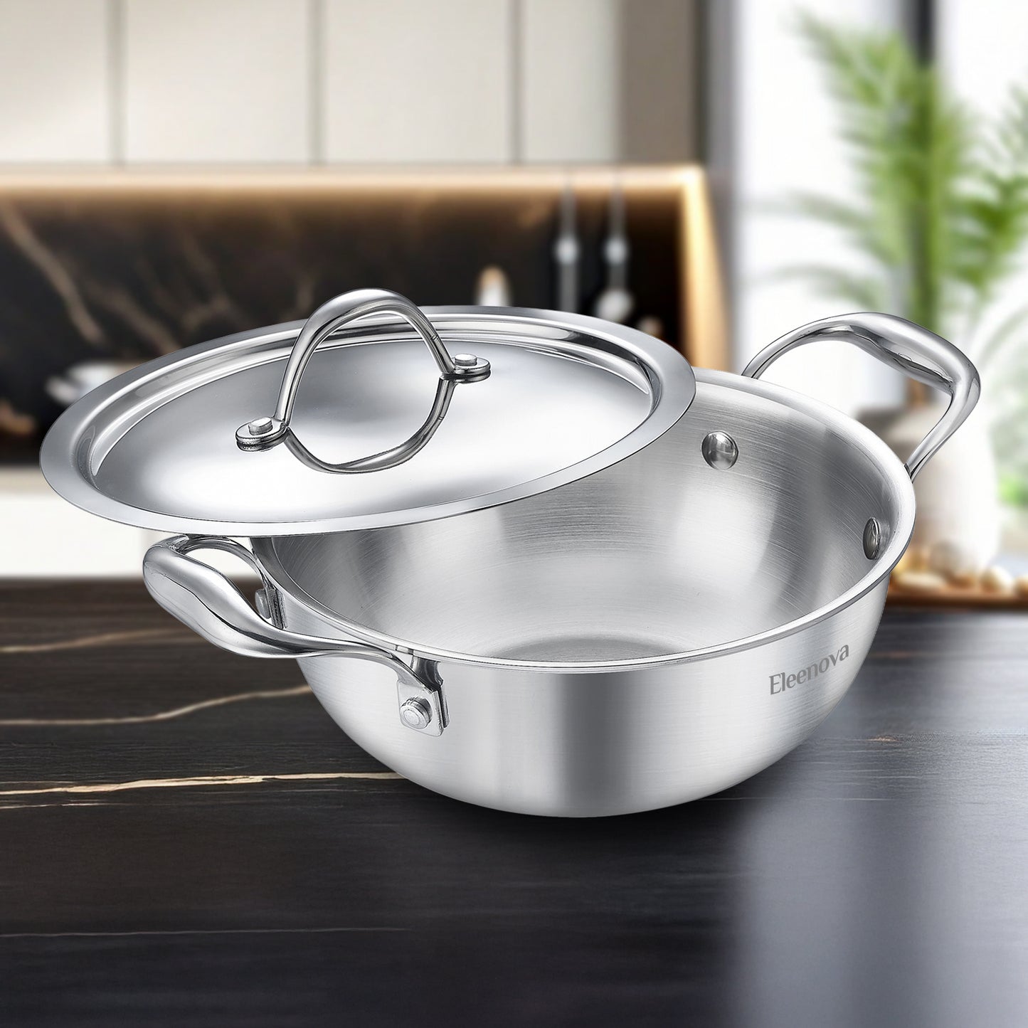Eleenova Triply Stainless Steel Kadai/Kadhai with Lid, 3.5 Litres, 24cm/9.4 Inch, 1.61Kg, ISI Certified with Product Lifetime Warranty, Durable 3-Layer Body, 100% Toxin-Free & No Chemical Coating