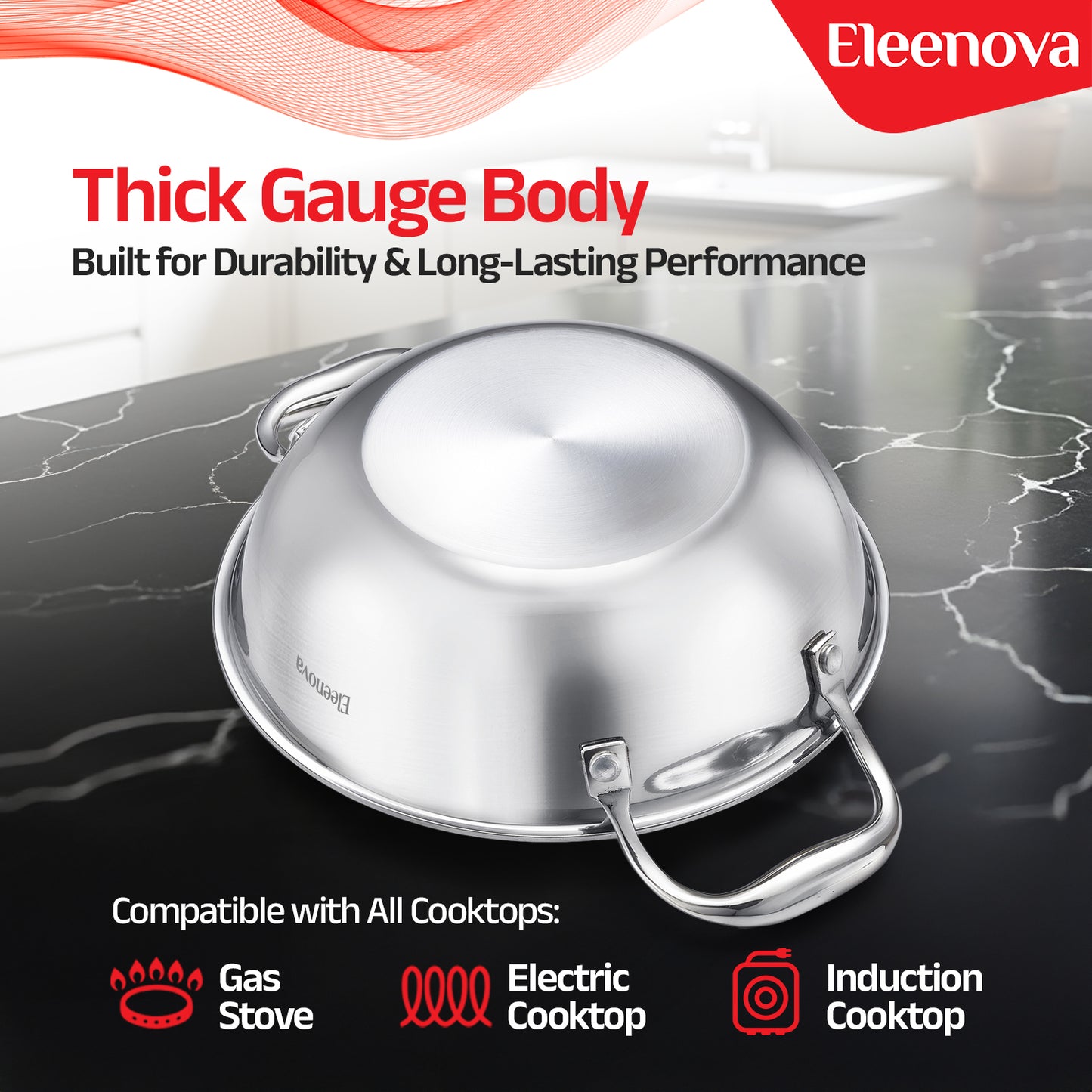 Eleenova Triply Stainless Steel Kadai/Kadhai with Lid, 3.5 Litres, 24cm/9.4 Inch, 1.61Kg, ISI Certified with Product Lifetime Warranty, Durable 3-Layer Body, 100% Toxin-Free & No Chemical Coating