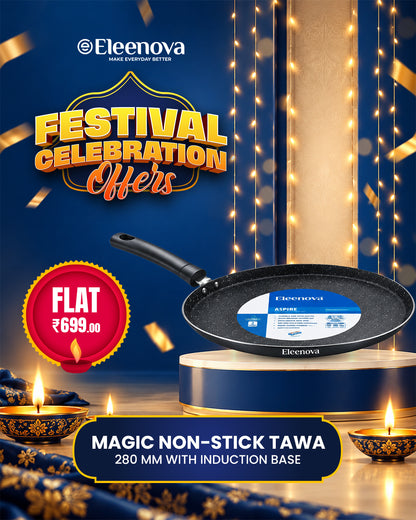 Eleenova Magic Induction Base Non-Stick Flat Tawa 28cm | 3 Layer Non-Stick Coating | PFOA Free | Metal Spoon Friendly | Cool Touch Bakelite Handle | Easy to Clean | 1 Year Warranty