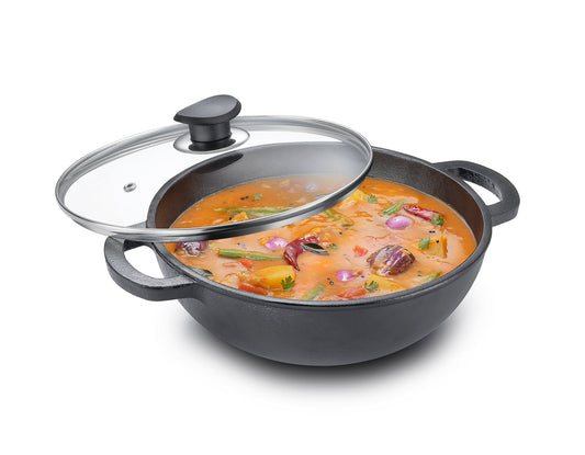 Eleenova Shakti Cast Iron Cookware - Kadai with Lid 24 cm