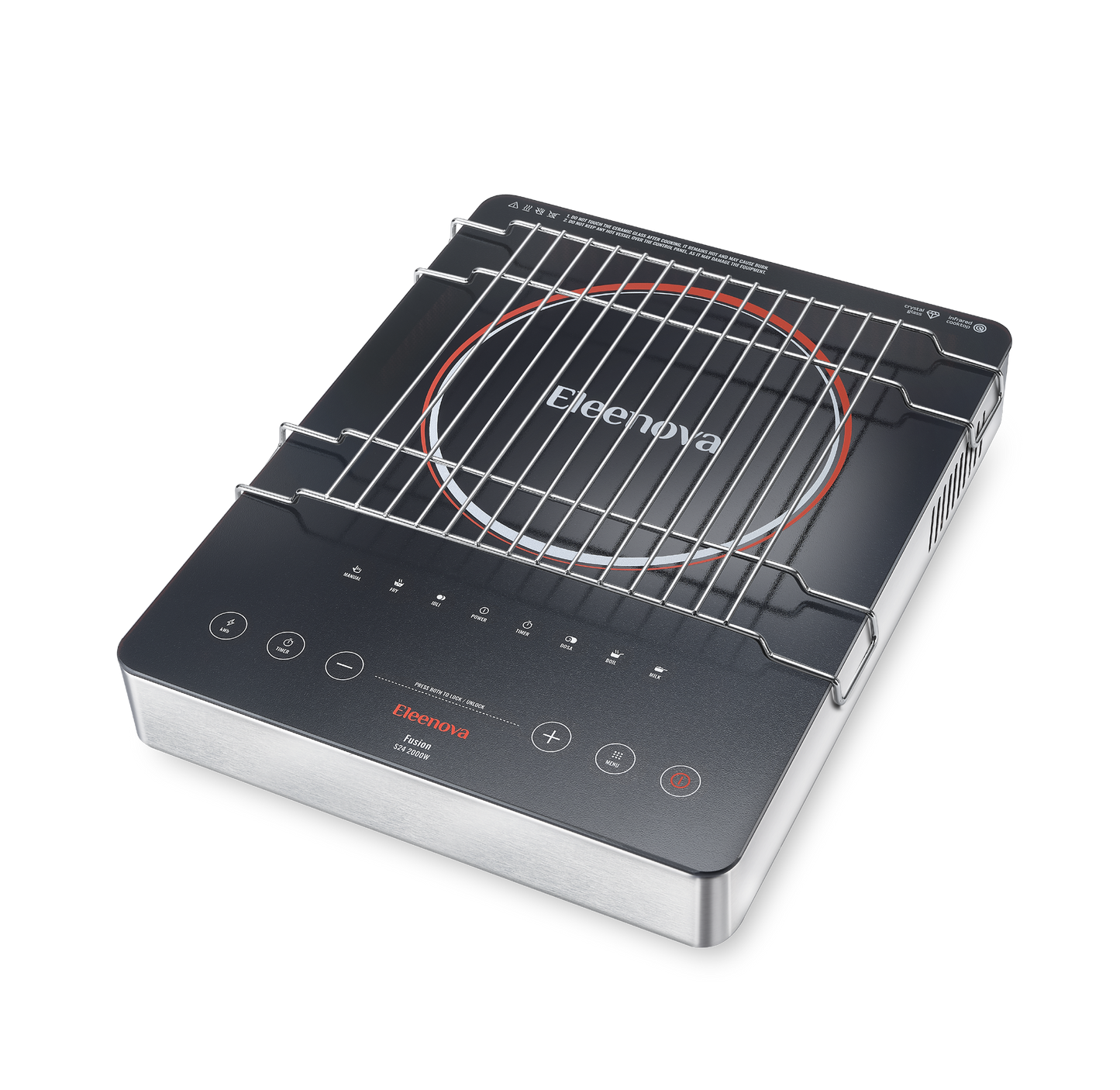 Eleenova Fusion Infrared Cooktop 2000W | Superior Crystal Glass Top | Touch Controls | Durable Heating Element | Compatible with Flat-Bottom Cookware | Stainless Steel Rack | Grill, Barbecue, Roast & Tandoor | 1 Year Warranty
