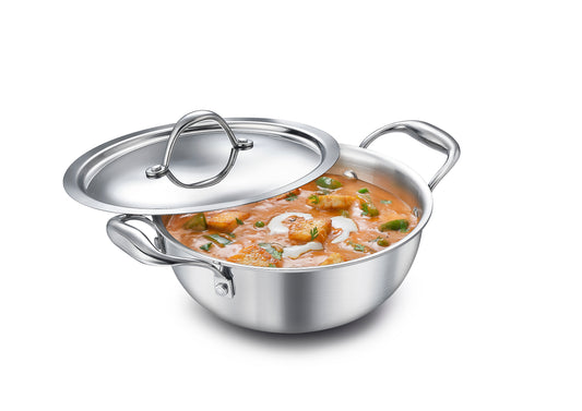 Eleenova Triply Stainless Steel Kadai/Kadhai with Lid, 2.75 Litres, 22cm/8.6 Inch, 1.31Kg, ISI Certified with Product Lifetime Warranty, Durable 3-Layer Body, 100% Toxin-Free & No Chemical Coating