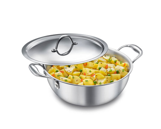 Eleenova Triply Stainless Steel Kadai/Kadhai with Lid, 4 Litres, 26cm/10.2 Inch, 1.83Kg, ISI Certified with Product Lifetime Warranty, Durable 3-Layer Body, 100% Toxin-Free & No Chemical Coating