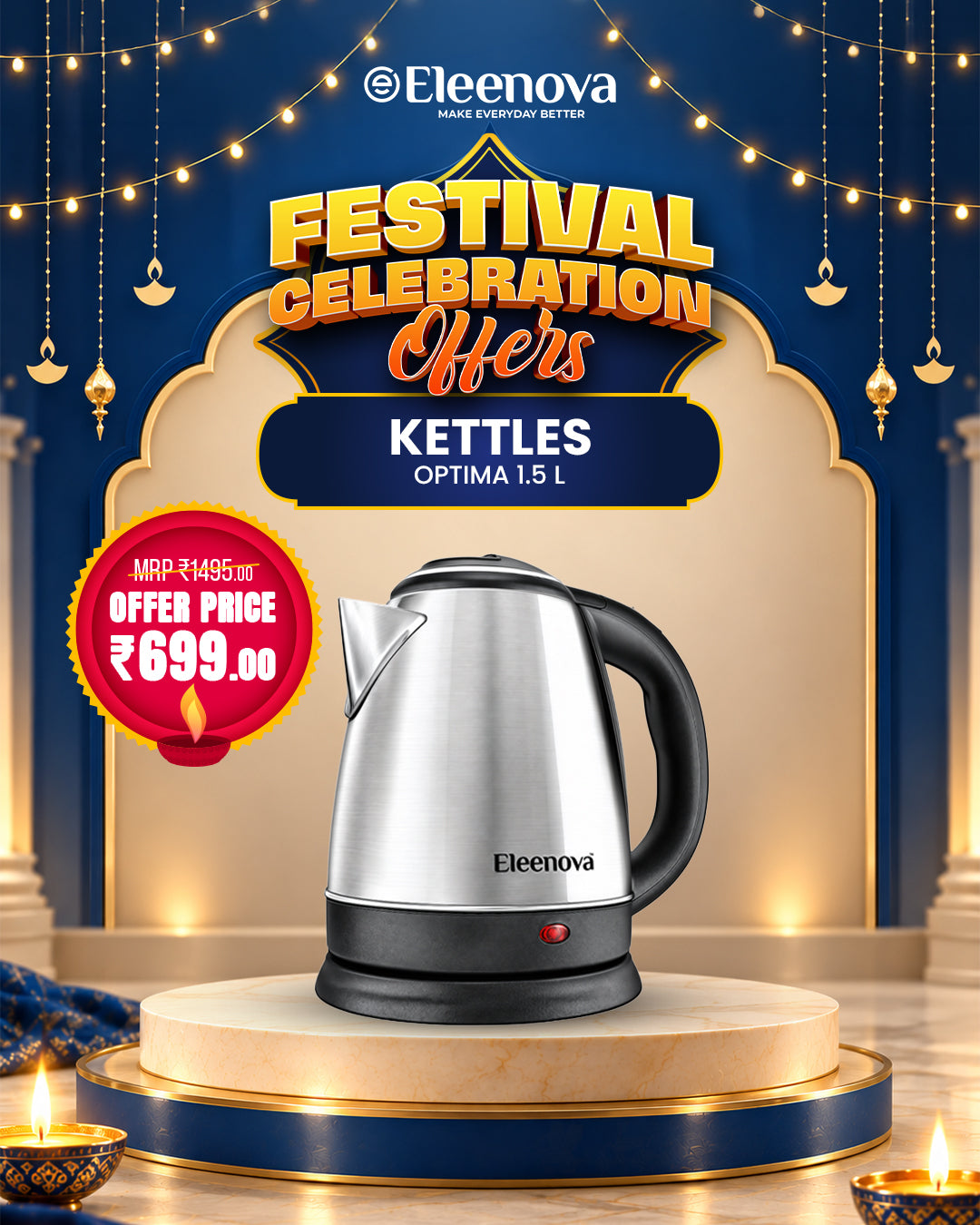 Eleenova Optima 1.5L Electric Kettle 1500W | Stainless Steel Body | Concealed Heating Element | Stainless Steel Lid | Auto Cut-Off | 360° Swivel Base | Cool Touch Handle & Lid | 1 Year Warranty