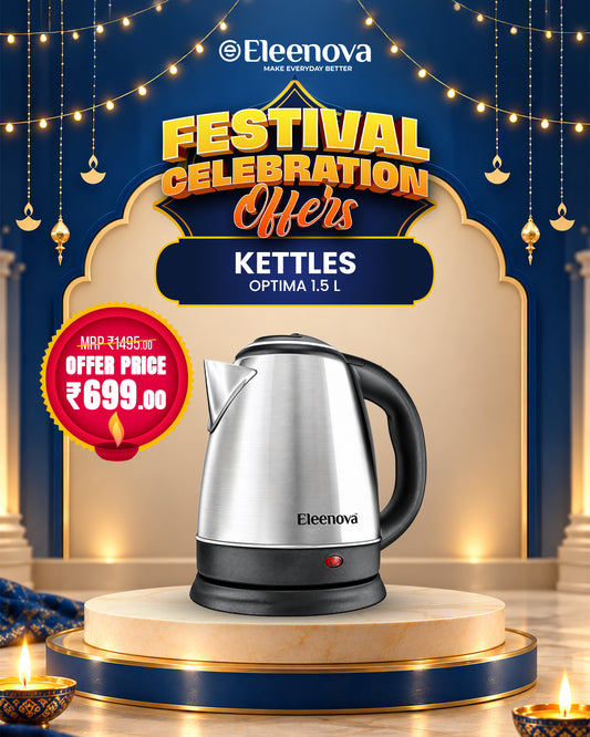 Eleenova Optima 1.5L Electric Kettle 1500W | Stainless Steel Body | Concealed Heating Element | Stainless Steel Lid | Auto Cut-Off | 360° Swivel Base | Cool Touch Handle & Lid | 1 Year Warranty