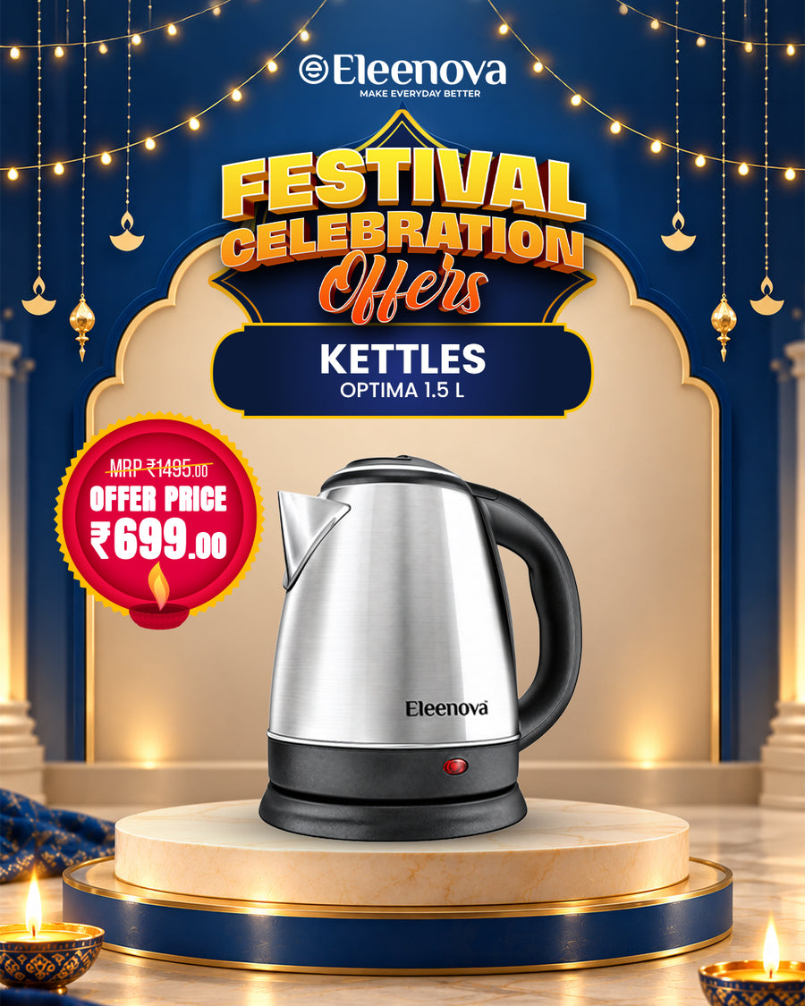 Eleenova Optima 1.5L Electric Kettle 1500W | Stainless Steel Body | Concealed Heating Element | Stainless Steel Lid | Auto Cut-Off | 360° Swivel Base | Cool Touch Handle & Lid | 1 Year Warranty