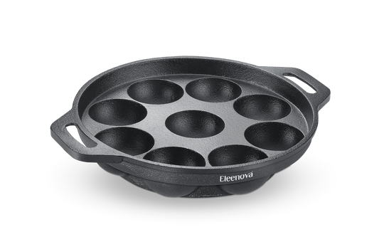 Eleenova Shakti Cast Iron Appapatra 9 Pit | Pre-Seasoned Paniyaram Pan | Gas, Induction & Electric Compatible | Chemical-Free Cooking | Even Heat Distribution | Lifetime Warranty