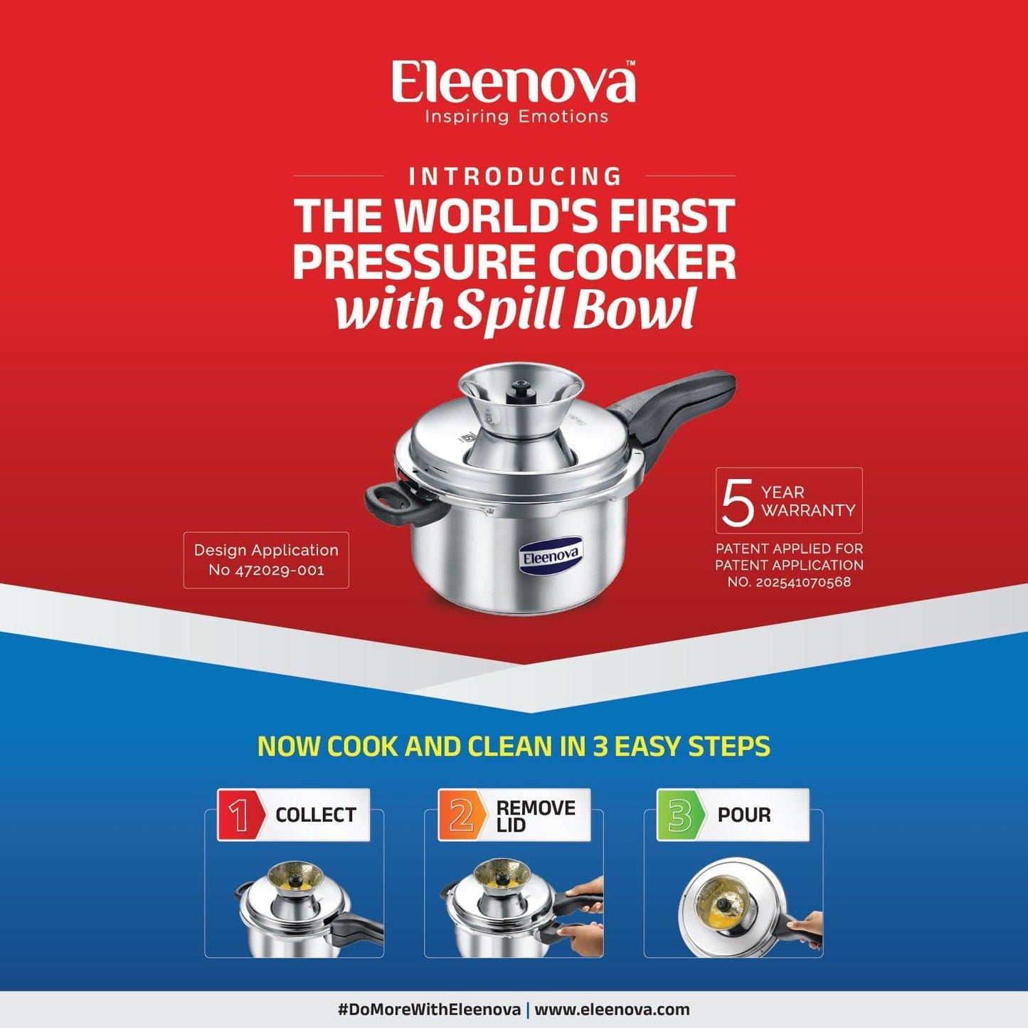 Eleenova Triply Pressure Cooker 3 L | World's First Pressure Cooker with Spill Bowl-Patent Applied  | 5 Year Warranty | ISI Certified | Tri Ply Stainless Steel Body | Metallic Safety Plug | Food Safe Nitrile Gasket | Serves 3-4 People