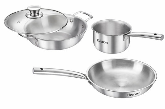 Eleenova Signature Tri-Ply 4 Piece Cookware Set | Fry Pan 22cm + Kadai 22cm with SS Lid + Sauce Pan 14cm | Even Heat Distribution | Rust-Proof Interior | Non-Reactive Surface | Gas, Induction & Electric Compatible | Lifetime Warranty