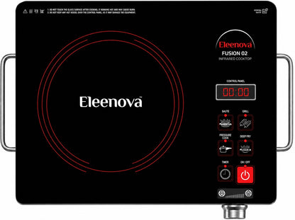 Eleenova Fusion 02 Infrared Cooktop 2200W | Premium Crystal Glass Top | Touch Control | Fast & Even Heating | Compatible with Flat-Bottom Cookware | Stainless Steel Grill Rack | Grill, Barbecue, Roast & Tandoor | 1 Year Warranty