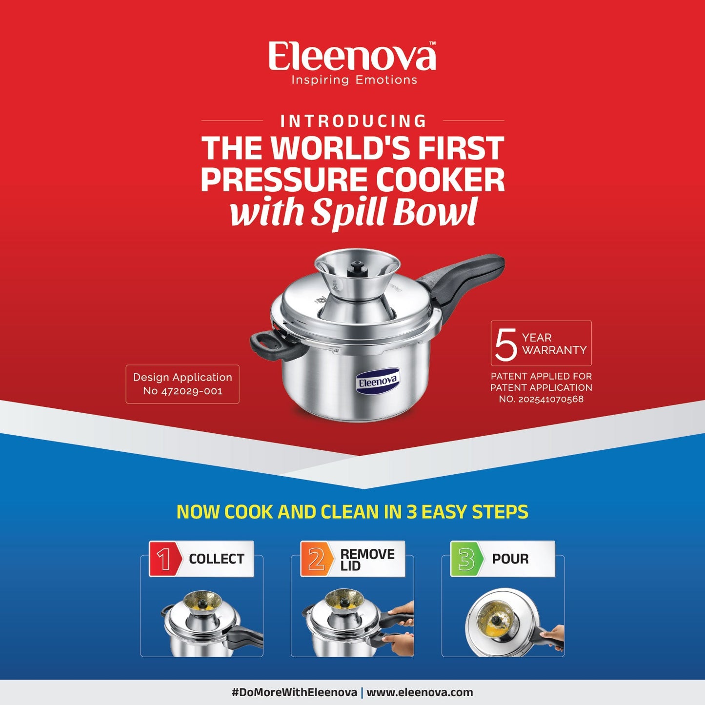 Eleenova Triply Pressure Cooker 2 L | World's First Pressure Cooker with Spill Bowl -Patent Applied | 5 Year Warranty | ISI Certified | Tri Ply Stainless Steel Body | Metallic Safety Plug | Food Safe Nitrile Gasket | Serves 2-3 People