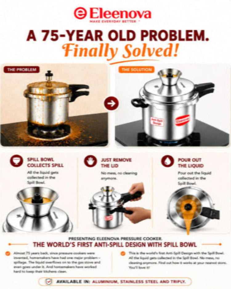 Advertisement for Elenova pressure cooker with spill bowl design, showing problem and solution.