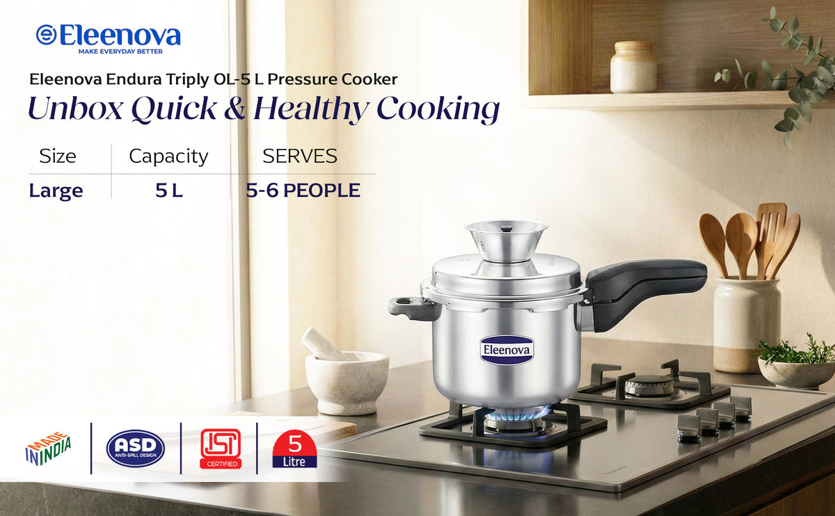 Eleenova Triply Pressure Cooker 5 L | World's First Pressure Cooker with Spill Bowl-Patent Applied | 5 Year Warranty | ISI Certified| Tri Ply Stainless Steel Body | Metallic Safety Plug| Food Safe Nitrile Gasket | Serves 4-6 People