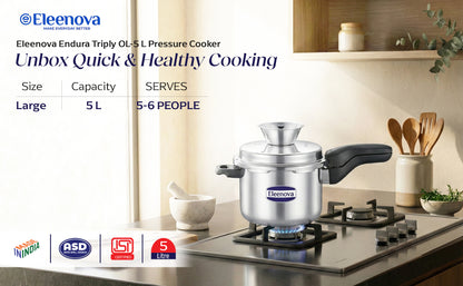 Eleenova Triply Pressure Cooker 5 L | World's First Pressure Cooker with Spill Bowl-Patent Applied | 5 Year Warranty | ISI Certified| Tri Ply Stainless Steel Body | Metallic Safety Plug| Food Safe Nitrile Gasket | Serves 4-6 People