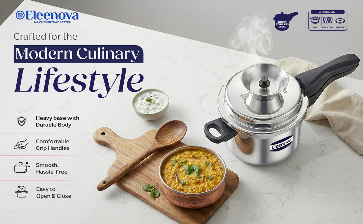 Eleenova Triply Pressure Cooker 5 L | World's First Pressure Cooker with Spill Bowl-Patent Applied | 5 Year Warranty | ISI Certified| Tri Ply Stainless Steel Body | Metallic Safety Plug| Food Safe Nitrile Gasket | Serves 4-6 People