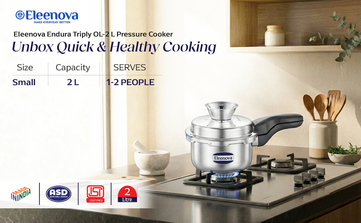 Eleenova Triply Pressure Cooker 2 L | World's First Pressure Cooker with Spill Bowl -Patent Applied | 5 Year Warranty | ISI Certified | Tri Ply Stainless Steel Body | Metallic Safety Plug | Food Safe Nitrile Gasket | Serves 2-3 People