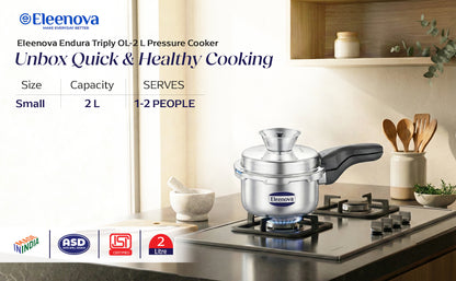 Eleenova Triply Pressure Cooker 2 L | World's First Pressure Cooker with Spill Bowl -Patent Applied | 5 Year Warranty | ISI Certified | Tri Ply Stainless Steel Body | Metallic Safety Plug | Food Safe Nitrile Gasket | Serves 2-3 People
