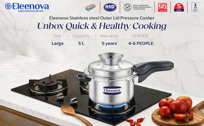 Eleenova Stainless Steel Pressure Cooker 5 L | World's First Pressure Cooker with Spill Bowl - Patent Applied | 5 Year Warranty | ISI Certified | High Quality Stainless Steel | Metallic Safety Plug| Food Safe Nitrile Gasket | Serves 4-6 People
