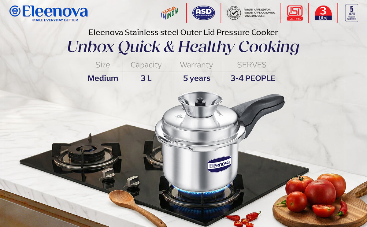 Eleenova Stainless Steel Pressure Cooker 3 L | World's First Pressure Cooker with Spill Bowl- Patent Applied | 5 Year Warranty | ISI Certified | High Quality Stainless Steel | Metallic Safety Plug | Food Safe Nitrile Gasket | Serves 3-4 People