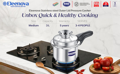 Eleenova Stainless Steel Pressure Cooker 3 L | World's First Pressure Cooker with Spill Bowl- Patent Applied | 5 Year Warranty | ISI Certified | High Quality Stainless Steel | Metallic Safety Plug | Food Safe Nitrile Gasket | Serves 3-4 People