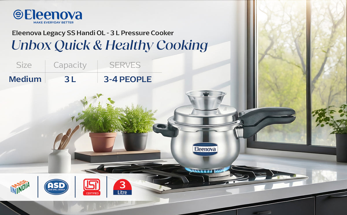 Eleenova Legacy Handi Pressure Cooker 3 L | World's First Pressure Cooker with Spill Bowl-Patent Applied | 5 Year Warranty | ISI Certified| Metallic Safety Plug | Food Safe Nitrile Gasket | Gas and induction Friendly | Serves 3-4 People