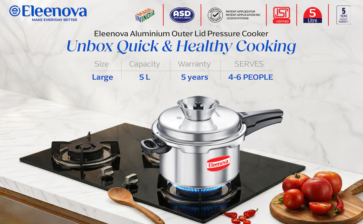 Eleenova Vintage  Pressure Cooker Aluminium 5 L | World's First Pressure Cooker with Spill Bowl-- Patent Applied | 5 Year Warranty | ISI Certified | Patented Applied | Superior Quality Aluminium | Food Safe Nitrile Gasket | Serves 4-6 People