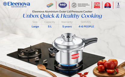 Eleenova Vintage  Pressure Cooker Aluminium 5 L | World's First Pressure Cooker with Spill Bowl-- Patent Applied | 5 Year Warranty | ISI Certified | Patented Applied | Superior Quality Aluminium | Food Safe Nitrile Gasket | Serves 4-6 People