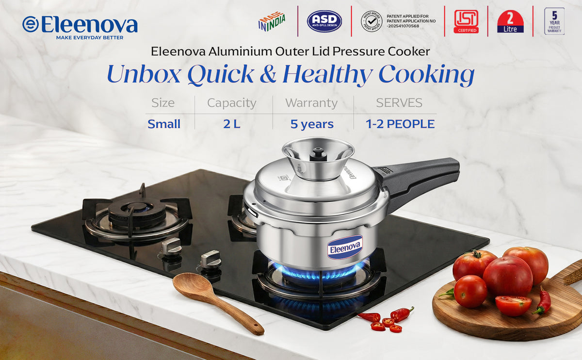 Eleenova Vintage Aluminium Pressure Cooker 2 L|World First Pressure Cooker with Spill Bowl - Patent Applied| Gas Stove Compatiable | 5 Year Warranty | Superior Quality Aluminium | ISI Certified | Food Safe Nitrile Gasket | Outer Lid -Alu 2 L