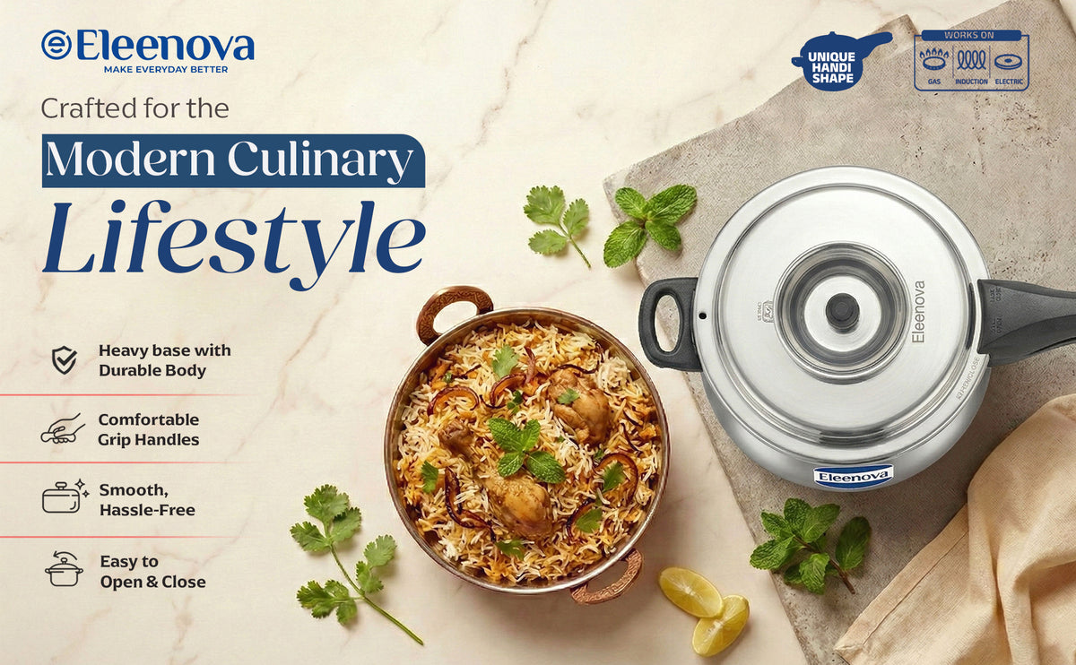 Eleenova Legacy Handi Pressure Cooker 3 L | World's First Pressure Cooker with Spill Bowl-Patent Applied | 5 Year Warranty | ISI Certified| Metallic Safety Plug | Food Safe Nitrile Gasket | Gas and induction Friendly | Serves 3-4 People